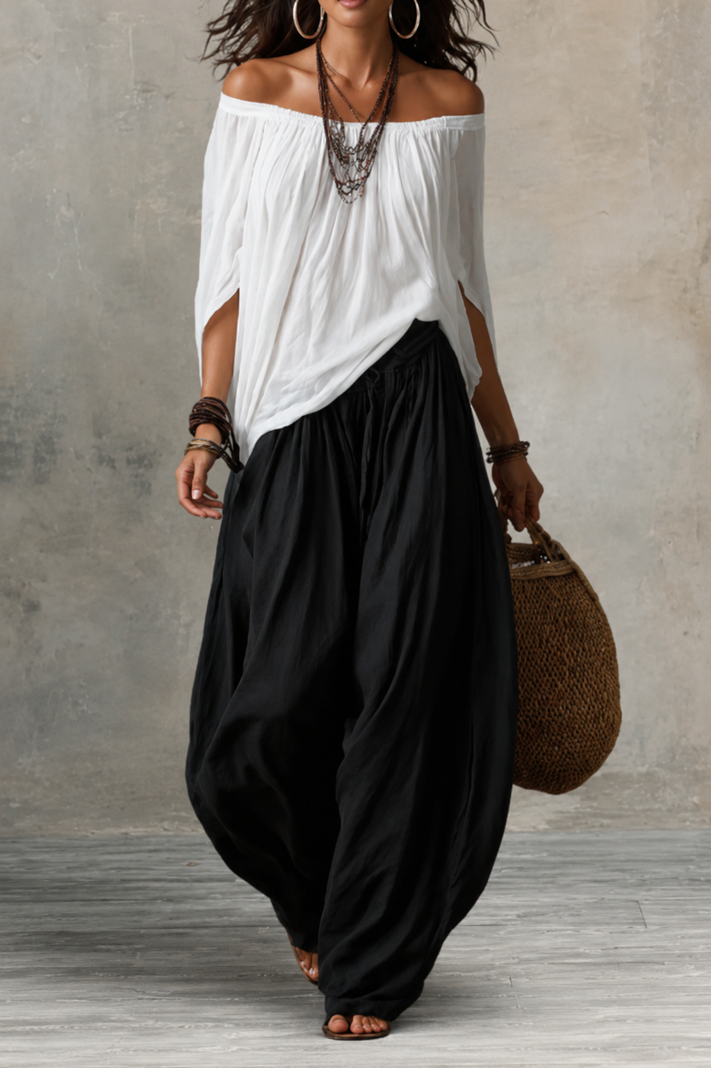Freja™ | Vitt Set med Off-Shoulder Top och Lyktobyxor